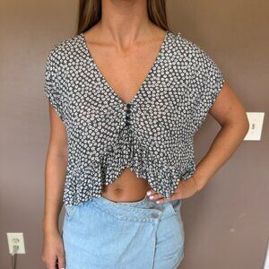 Floral Ruffle Crop Top with Ruched Front